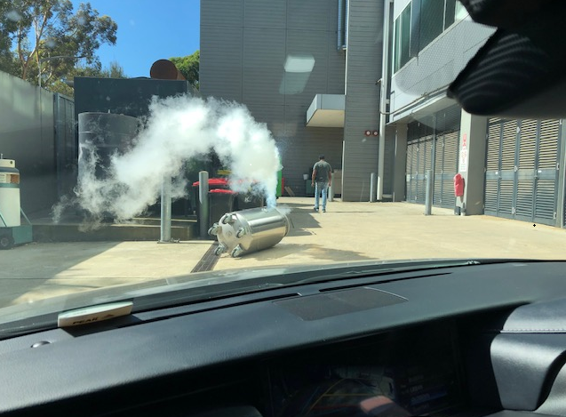 Unsecured liquid nitrogen dewar falls over and leaks at a university in Australia