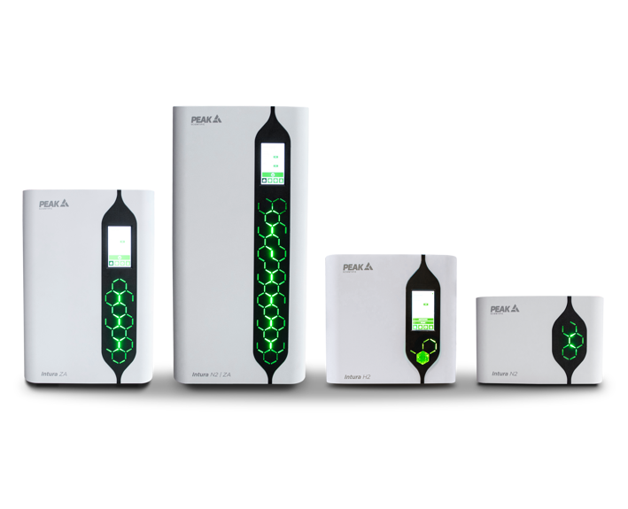 4 hydrogen gas generators (white boxes of varying heights with a black strip and green, lit, hexagon pattern)