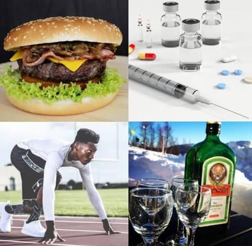 A burger, syringe, athlete and bottle of alcohol with four glasses