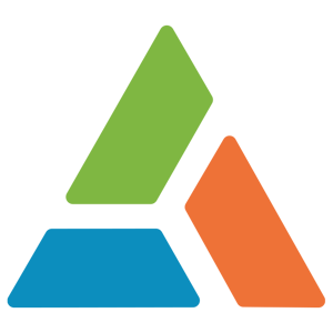 Peak Scientific logo Icon. A triangle made up of three trapeziums, one orange, one green and one blue
