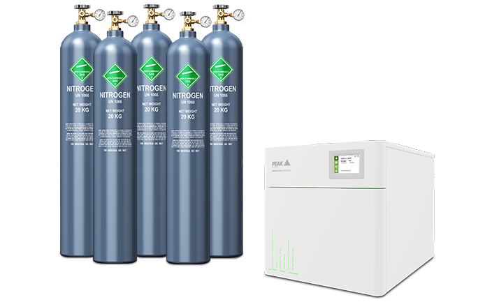 Nitrogen cylinders next to a PEAK nitrogen gas generator